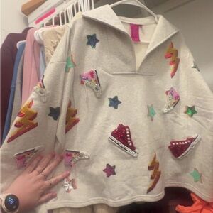 QUEEN OF SPARKLES Grey Sneaker And Lightning Bolt Collar Sweatshirt